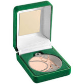 GREEN VELVET BOX AND 50mm TENNIS MEDAL TROPHY MATT SILVER/BRONZE - 3.5in